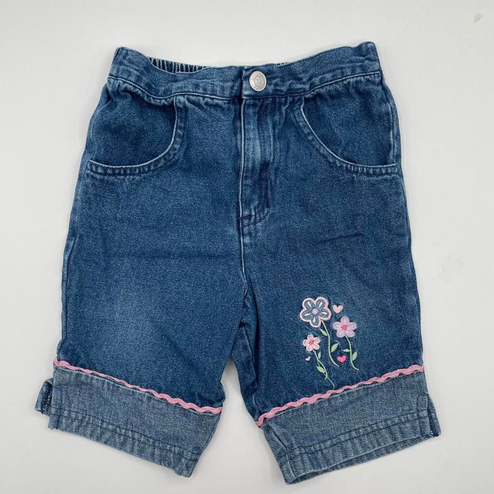 Embroidered Flower Denim Capri Pants Kidcore Ric Rac Vintage Y2K Girly Retro